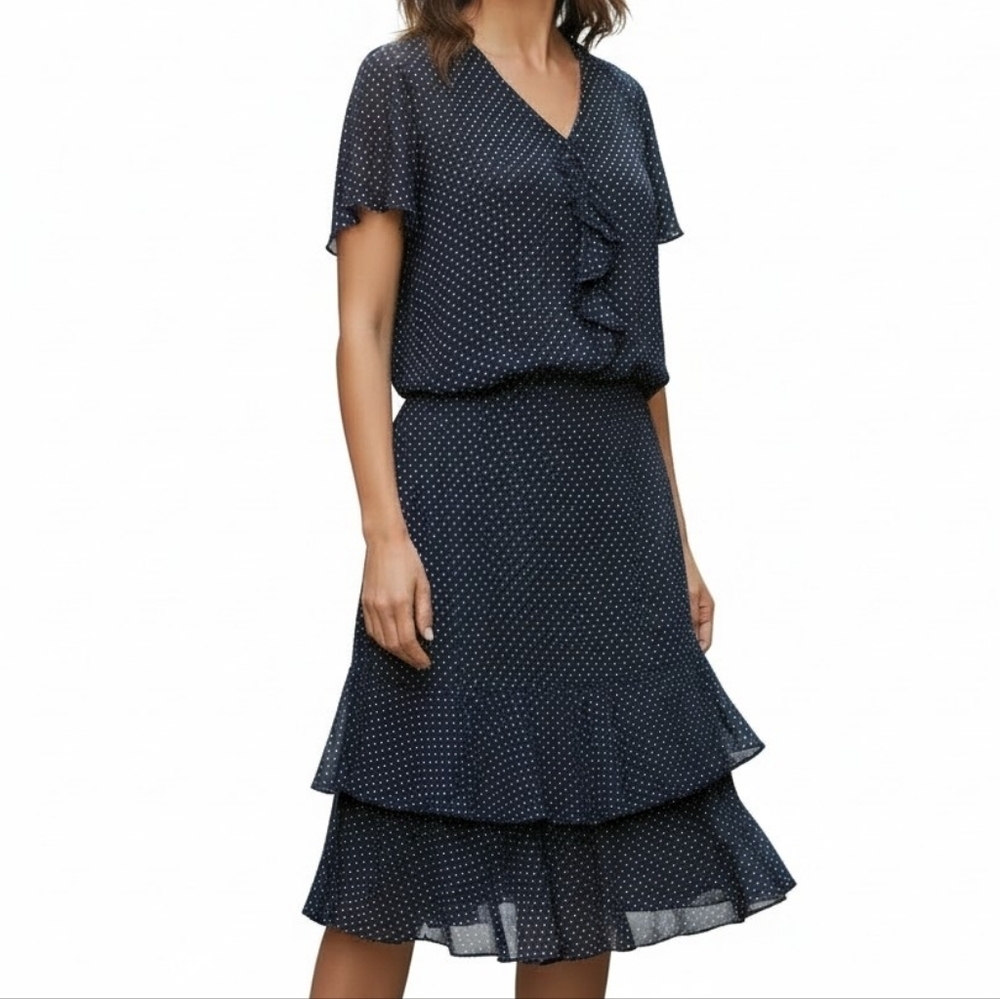 Sag Harbor Midi Chiffon Skirt Suit PL Blouse PM Polka Dot Ruffled Flutter Sleeve